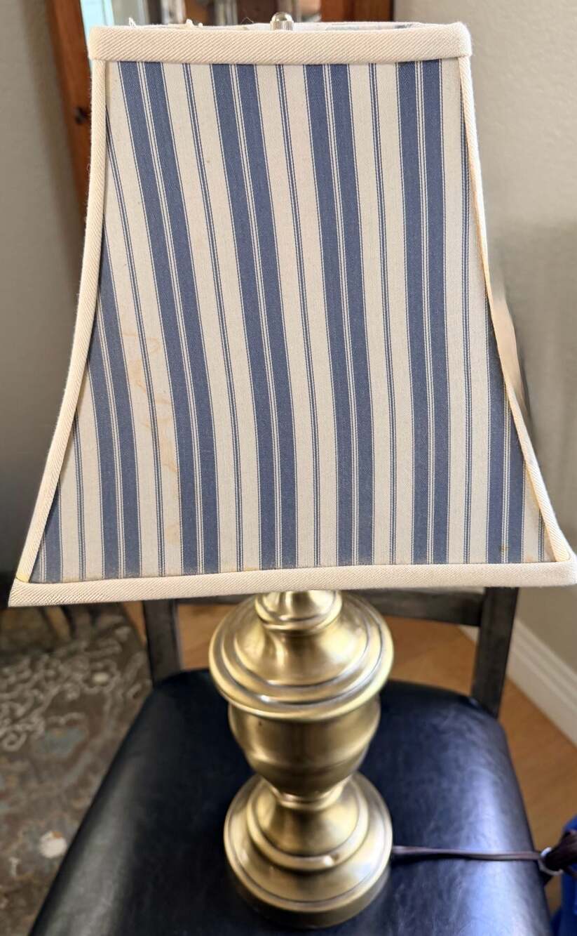 Vintage Brass Table Lamp with Blue and White Striped Shade